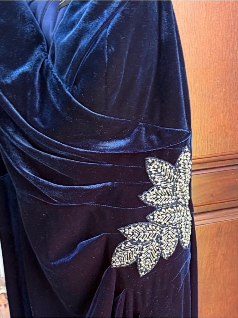 Alex Evenings Navy Velvet Beaded Ruched Formal Gown Dress 14 - Picture 2 of 3